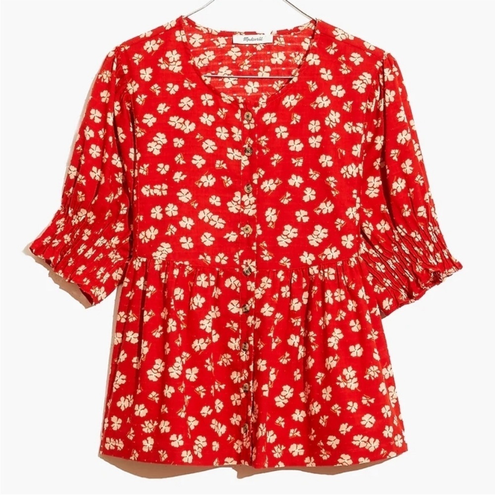 Madewell Puff Sleeve Floral Button- Front Top In Swiss Dot Happy Hibiscus size m - Picture 7 of 8